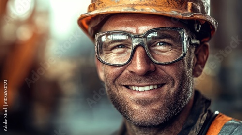 Generative AI image of a smiling construction worker with glasses