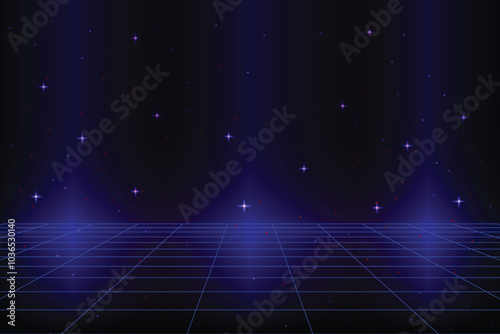 Glowing neon wireframe background. dark blue shining checkered grid planes in perspective. Bright retro futuristic horizon wallpaper. Arcade game sci fi matrix surface.