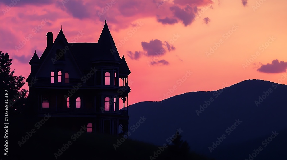 Silhouetted Victorian House at Sunset with a Mountain Range in the Background Silhouetted Victorian House at Sunset with a Mountain Range in the Background