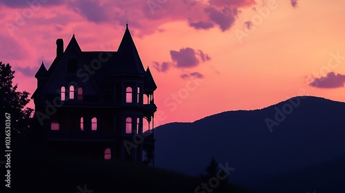 Silhouetted Victorian House at Sunset with a Mountain Range in the Background