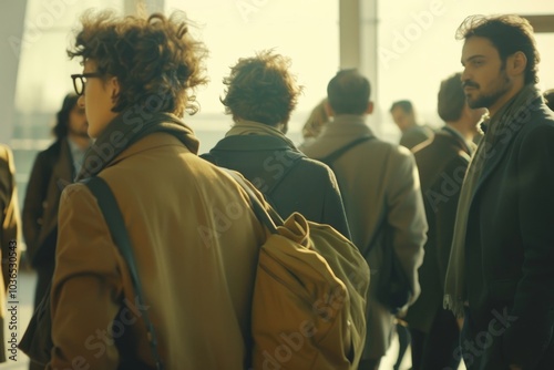 Group of people walking in the corridor of a modern office building.