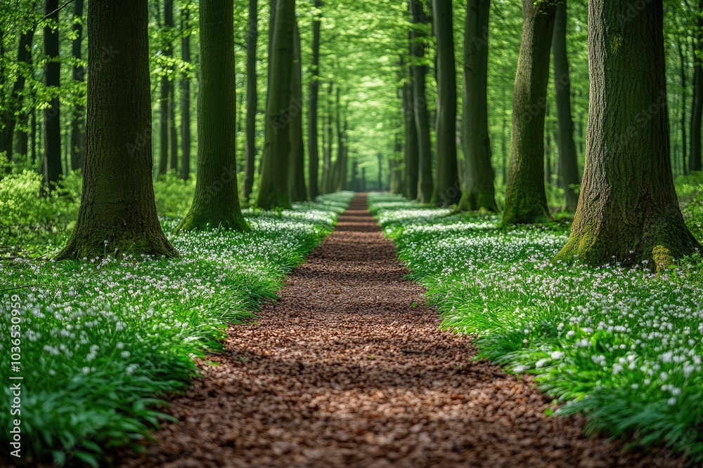 Obraz premium A path through a lush green forest, lined with white wildflowers. This photo can be used for nature, forest, and spring themed projects.
