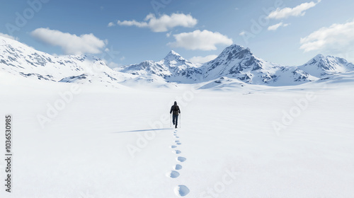 A Solitary Traveler Navigates an Expansive Snow-Covered Landscape Leaving Traces in the Fresh Powder Amidst Majestic Mountains