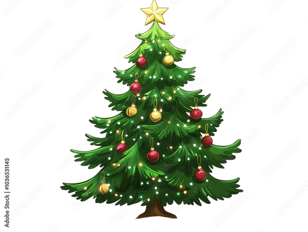 Christmas tree, cutout isolated on white, transparent png background