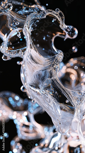 Water like macro glass wave Y2K render abstract backdrop in 3d style. Background with transparent glassmorphism modern texture. Metal curve wave in motion. Gradient design element.