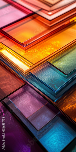 Horizontally arranged glass panels in colourful gradient tones. In 3D style. Abstract geometric concept. For background and presentation.