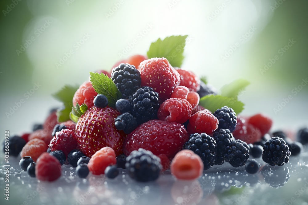Fresh Mixed Berries with Dew in Soft Focus Fresh Mixed Berries with Dew in Soft Focus
