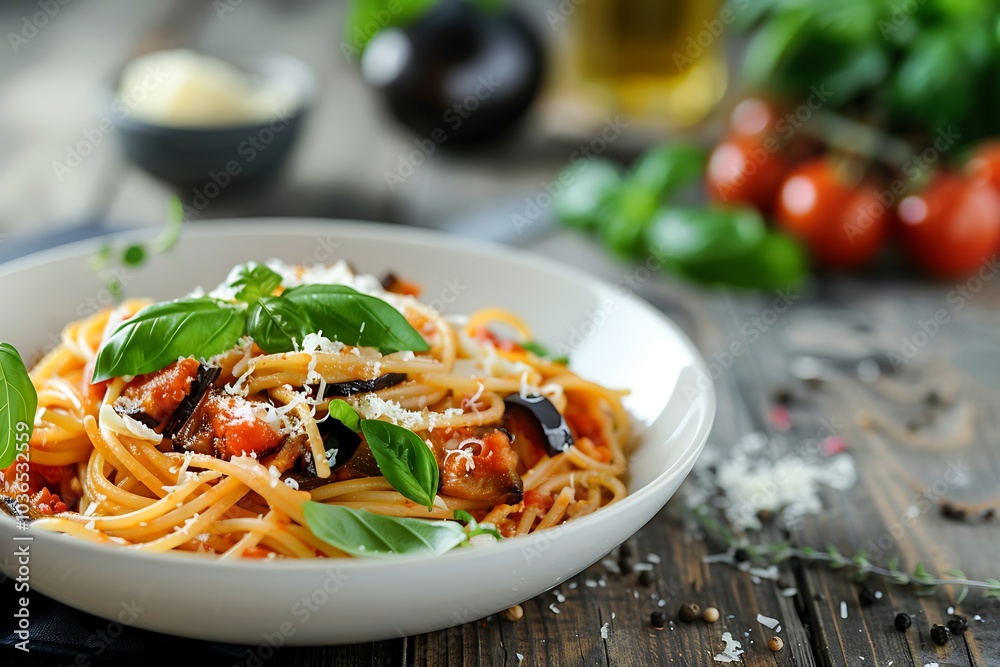 Penne pasta with eggplant, tomato sauce and parmesan Penne pasta with eggplant, tomato sauce and parmesan