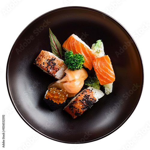 Delicious food in black dish on a transparent background, top view