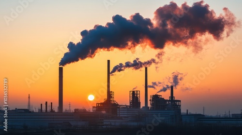 Industrial scene with smoke and flames at sunset, highlighting environmental impact and urban landscape.