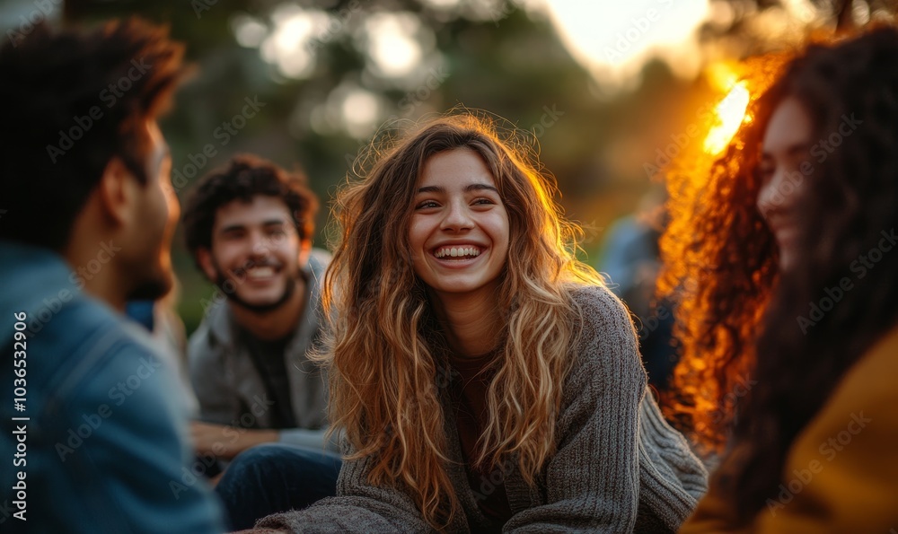 Happy students enjoying friendship and moving outdoors during sunset, Generative AI Happy students enjoying friendship and moving outdoors during sunset, Generative AI