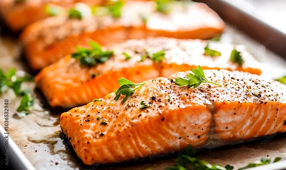 Close-up of seasoned and baked salmon fillets garnished with fresh herbs, Generative AI Close-up of seasoned and baked salmon fillets garnished with fresh herbs, Generative AI