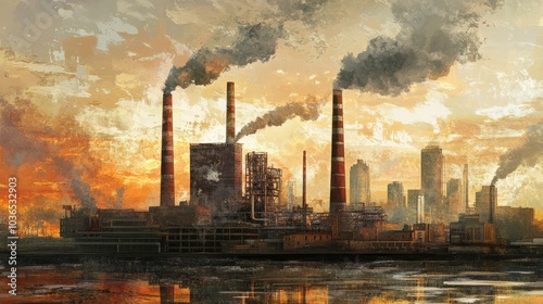 Industrial smokestacks emitting pollution and contributing to climate change and ecological damage in an urban setting