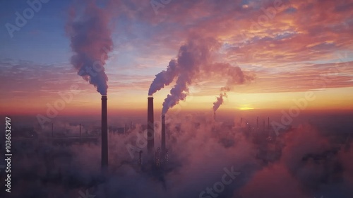 Industrial smokestacks emitting pollution at sunset, environmental impact, air pollution and climate change, industrial landscape with vibrant sky. photo