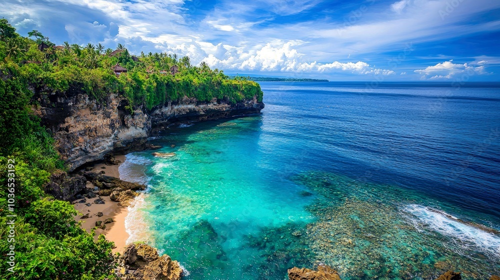 A picturesque view of a secluded beach with turquoise water and lush green cliffs under a bright blue sky. A picturesque view of a secluded beach with turquoise water and lush green cliffs under a bright blue sky.