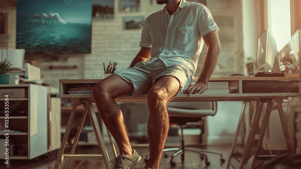 Man perching on office desk wearing shorts Man perching on office desk wearing shorts