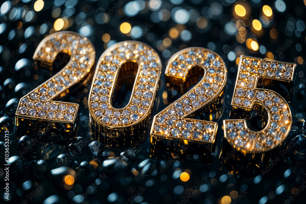 Golden 2025 number with sparkling diamonds on dark background. Glittering style with bokeh lights. New Year celebration and luxury decoration concept. For greeting card and invitation Golden 2025 number with sparkling diamonds on dark background. Glittering style with bokeh lights. New Year celebration and luxury decoration concept. For greeting card and invitation