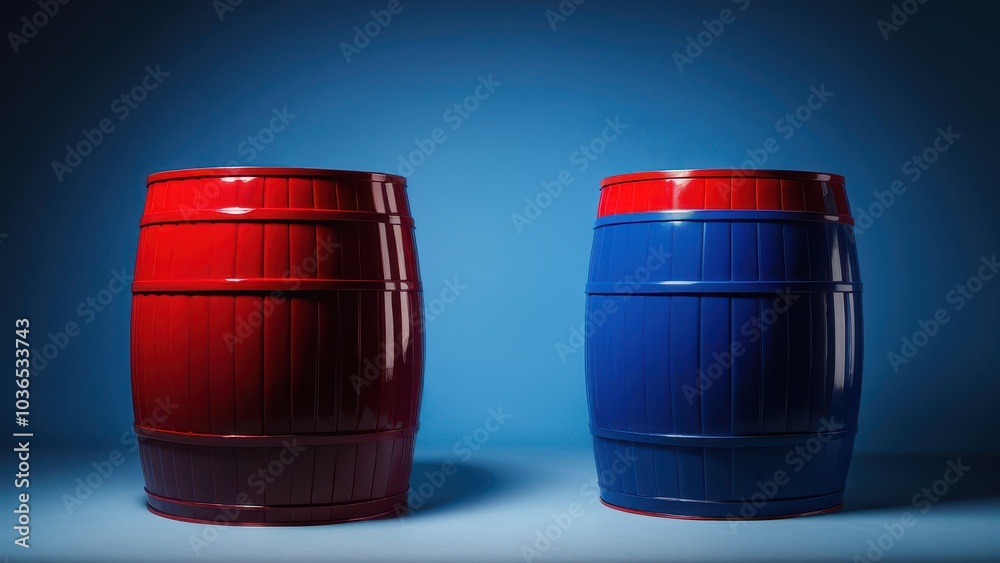 High-quality red blue barrel mockup for packaging design. Lifelike textures and customizable logos or labels, ideal for presenting industrial drums used in liquids or chemical storage High-quality red blue barrel mockup for packaging design. Lifelike textures and customizable logos or labels, ideal for presenting industrial drums used in liquids or chemical storage