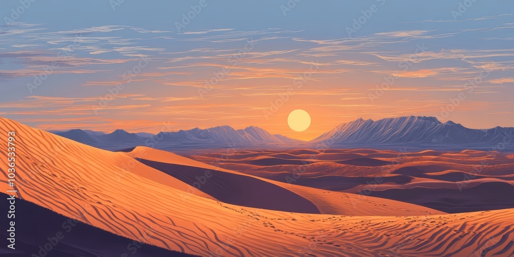 Naklejka premium Desert landscape at sunset with sun over mountains.