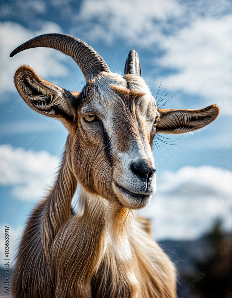 Fototapeta premium Majestic Goat Portrait Against a Cloudy Sky Backdrop