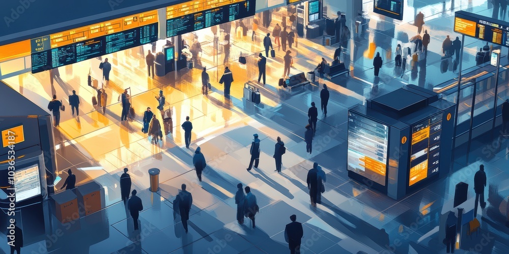 Obraz premium People walk through airport terminal with signs.