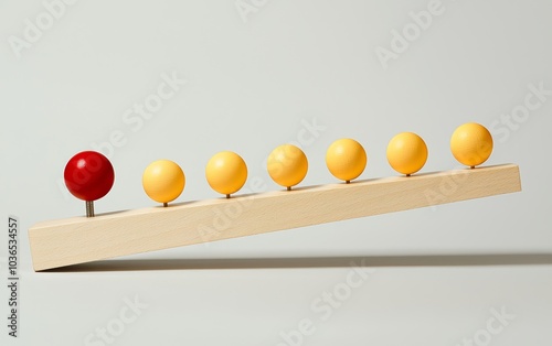 Wooden seesaw tipped with one red figure and three yellow figures, representing power dynamics, inequality, and imbalance in teamwork or leadership photo