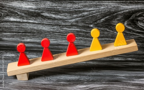 Wooden seesaw tipped with one red figure and three yellow figures, representing power dynamics, inequality, and imbalance in teamwork or leadership photo