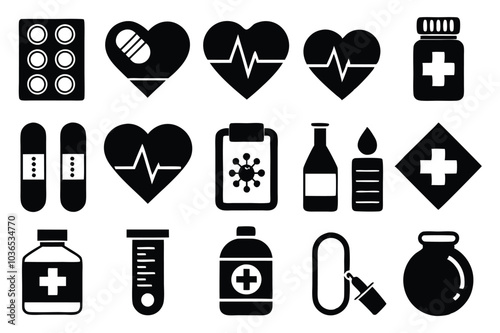 A versatile set of medicine and healthcare icons including medication, doctors, Medicare, and medical tools. Perfect for healthcare apps, websites, and educational designs.
