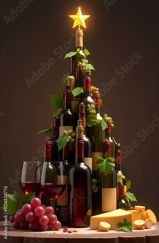 Festive concept of wine and cheese products. Christmas tree made of wine bottles with cheese, red and white grapes, glasses of wine on light brown background.