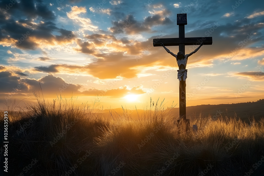 Silhouette jesus christ crucifix on cross on calvary sunset background concept for good friday he is risen in easter day, good friday jesus death on crucifix, world christian and holy spirit religious Silhouette jesus christ crucifix on cross on calvary sunset background concept for good friday he is risen in easter day, good friday jesus death on crucifix, world christian and holy spirit religious