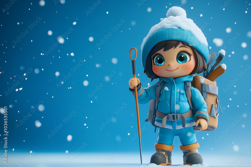 Fototapeta premium 3D-rendered child dressed warmly in winter gear holds a ski-pole against a bright blue background.