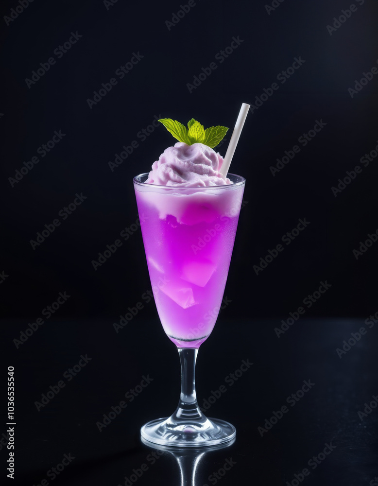 Purple cocktail with ice cream on a black background, illuminated by hard spotlight light Purple cocktail with ice cream on a black background, illuminated by hard spotlight light