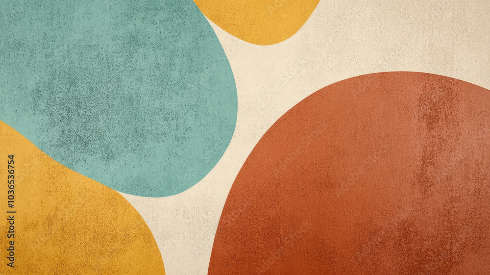 Minimalist geometric design with orange and teal organic shapes on textured background
