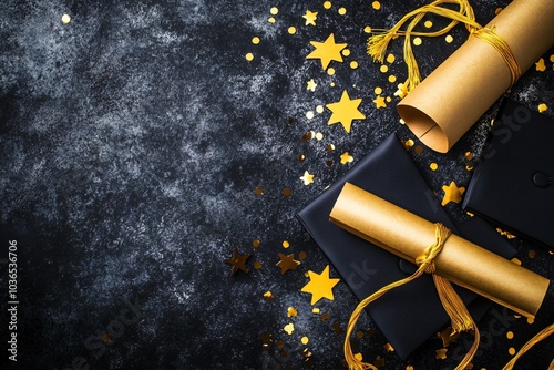 Graduation Celebration Flat Lay with Caps and Decorations