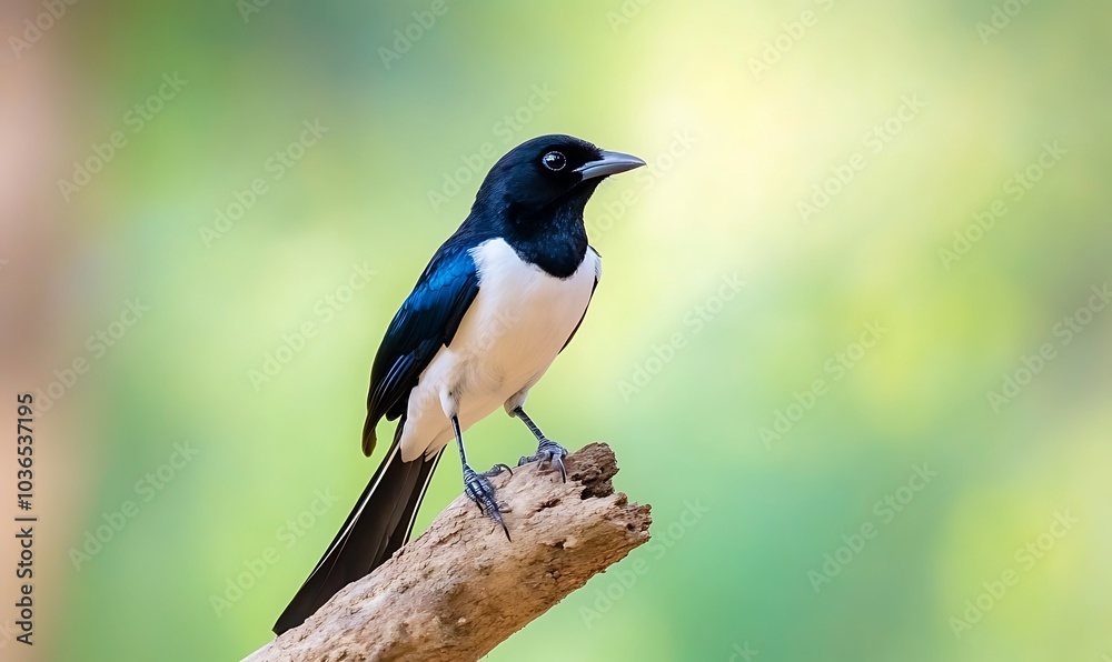 Indian white-tailed magpie, sitting on a branch, Generative AI Indian white-tailed magpie, sitting on a branch, Generative AI