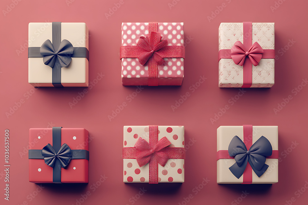 A collection of six decorative gift boxes arranged on a pink background. A collection of six decorative gift boxes arranged on a pink background.
