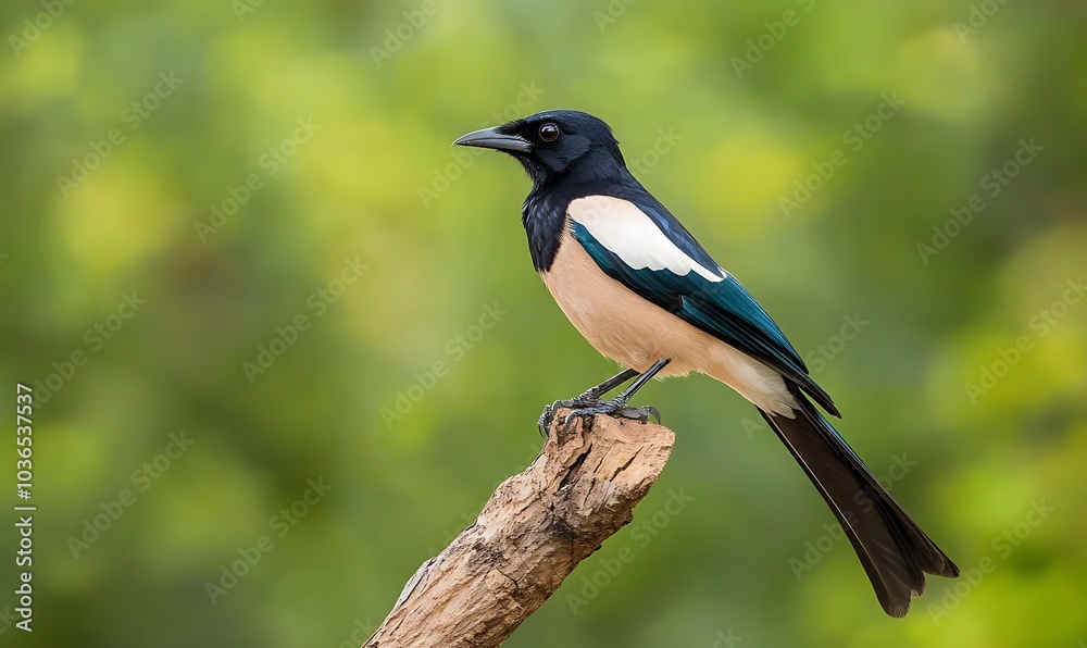 Indian white-tailed magpie, sitting on a branch, Generative AI Indian white-tailed magpie, sitting on a branch, Generative AI