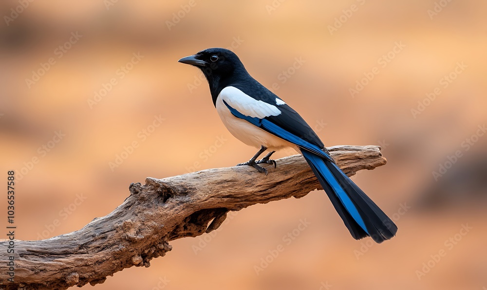 Indian white-tailed magpie, sitting on a branch, Generative AI Indian white-tailed magpie, sitting on a branch, Generative AI