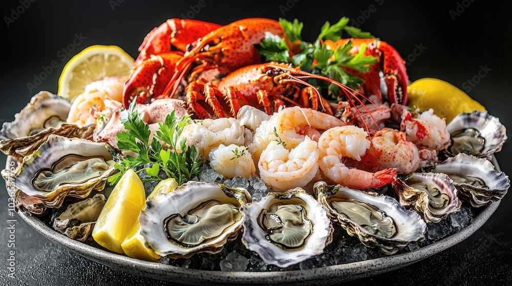 A platter of fresh seafood, including lobster, shrimp, oysters, and lemon wedges, on a bed of ice. (1) A platter of fresh seafood, including lobster, shrimp, oysters, and lemon wedges, on a bed of ice. (1)
