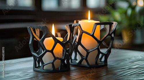 Two Burning Candles in Abstract Black Metal Holders