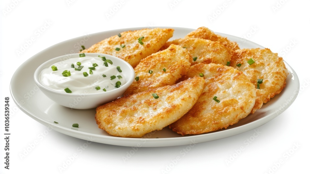 Classic pierogi dumplings with a side of sour cream, plated beautifully on a white backdrop, ideal for Polish cuisine visuals. Classic pierogi dumplings with a side of sour cream, plated beautifully on a white backdrop, ideal for Polish cuisine visuals.