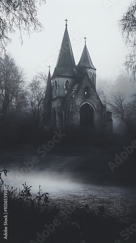 An Eerie Church Standing Alone in the Mist