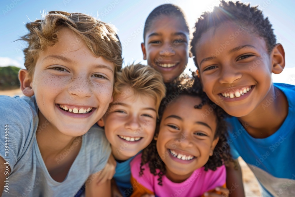 Portrait of smiling group of children looking at camera on sunny day Portrait of smiling group of children looking at camera on sunny day