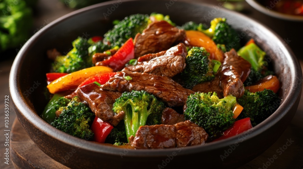 Close-up of a delicious Chinese stir-fry dish featuring marinated beef, crisp broccoli, and savory sauce, served in a traditional bowl. Close-up of a delicious Chinese stir-fry dish featuring marinated beef, crisp broccoli, and savory sauce, served in a traditional bowl.