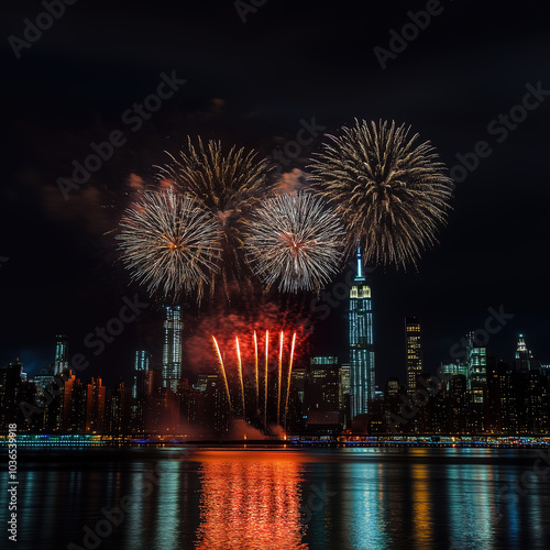 fireworks over the city and river beautiful cinematic lights night NYE New Year celebration background
