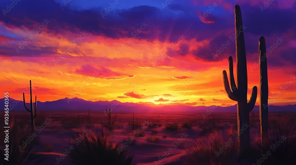 Silhouettes of Cactus Against a Vibrant Sunset in the Desert Silhouettes of Cactus Against a Vibrant Sunset in the Desert