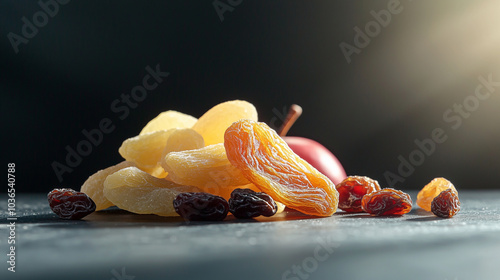 An artistic scene featuring an assortment of dried fruits, such as raisins and apple slices, set against a dark backdrop with dramatic backlighting, highlighting their natural swee photo