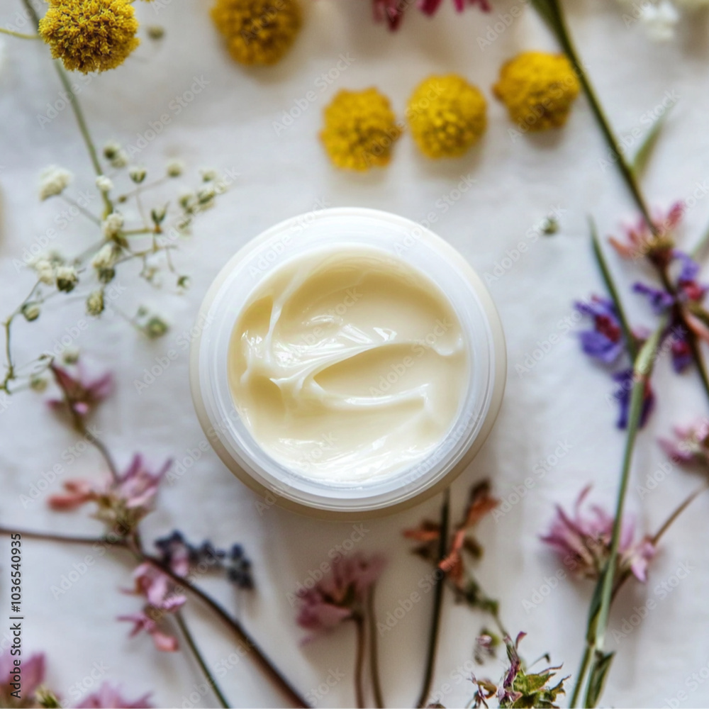 simple beauty cream, white surface with flowers simple beauty cream, white surface with flowers