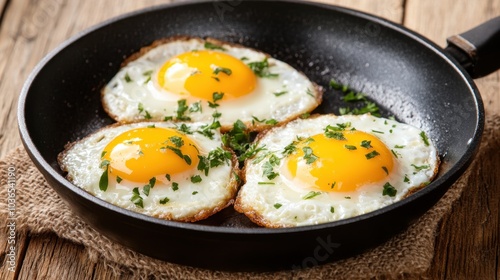 Delicious sunny side up eggs with crispy edges, garnished with herbs, sizzling in a black pan on a rustic kitchen surface, ready to serve.