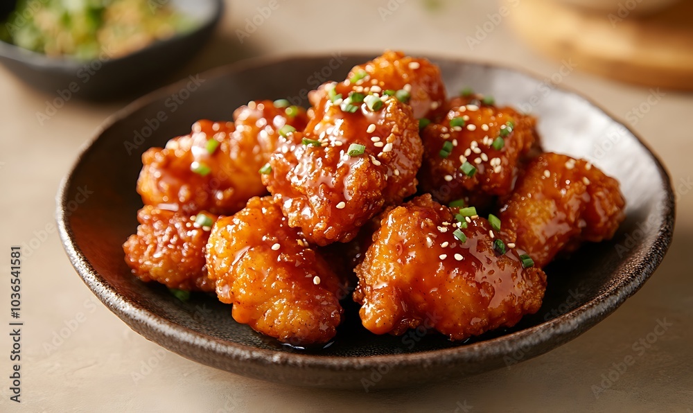 Korean fried chicken drizzled with a glossy, succulent glaze sauce, Generative AI Korean fried chicken drizzled with a glossy, succulent glaze sauce, Generative AI